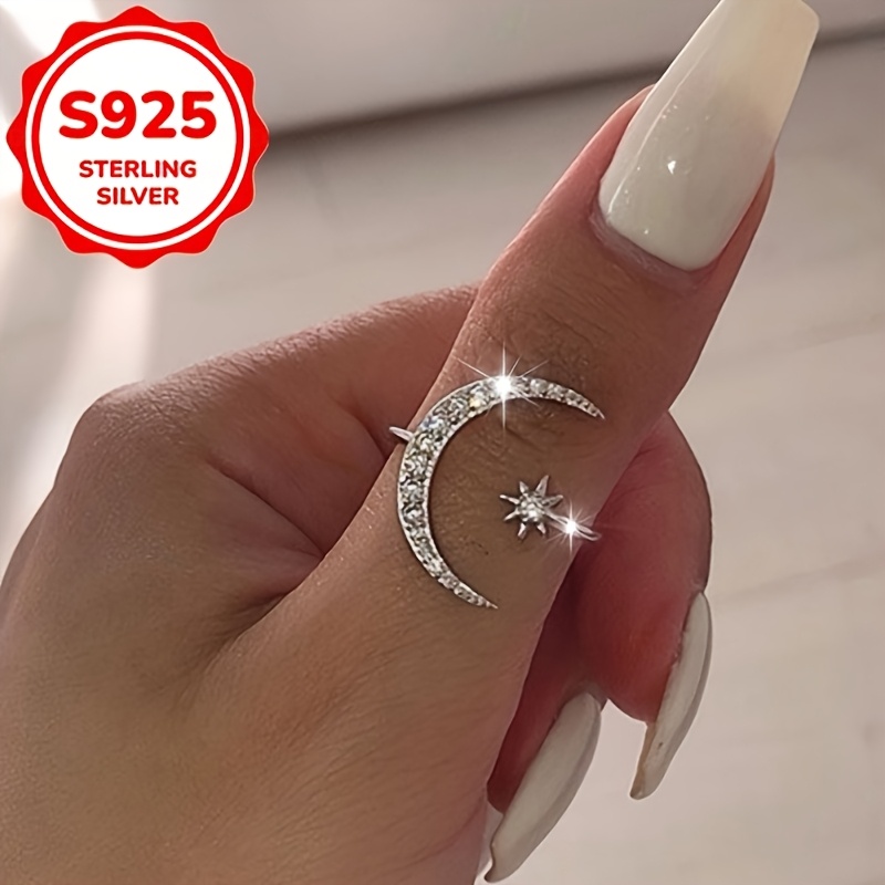 Women's Adjustable S925 Sterling Silver Star & Moon Ring
